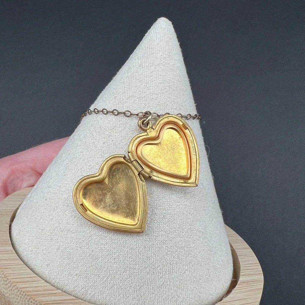 Vintage Gold Filled Heart Locket Necklace Etched Bird Flower 12KT GF 18
